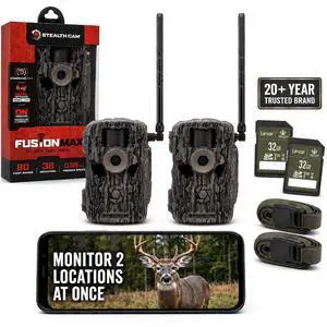 Fusion MAX Cellular Trail Camera 2-Pack with 2 Lexar 32GB SD Cards | Dual SIM AT&T + Verizon | 36MP Photo, 720P HD Video, 0.35 Sec Trigger Speed Fusion MAX Cellular Trail Camera 2-Pack with 2 Lexar 32GB SD Cards | Dual SIM AT&T + Verizon | 36MP Photo, 720P HD Video, 0.35 Sec Trigger Speed