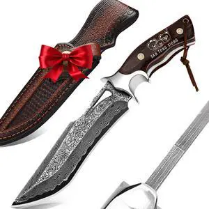 67-Layer Damascus Hunting Knife, 10.4" VG10 Bowie Leather Sheath | Full-tang authentic rosewood grip and protective cowhide cover for outdoor survival camping tasks 67-Layer Damascus Hunting Knife, 10.4" VG10 Bowie Leather Sheath | Full-tang authentic rosewood grip and protective cowhide cover for outdoor survival camping tasks