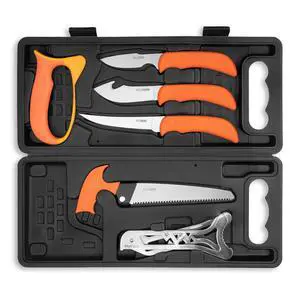 WildPak, 8-Piece Field to Freezer Hunting & Game Processing Knife Set with Caping Knife, Gut-Hook Skinner, Boning/Fillet Knife, Wood/Bone Saw, Spreader, Gloves, and Hard-Side Carry Case WildPak, 8-Piece Field to Freezer Hunting & Game Processing Knife Set with Caping Knife, Gut-Hook Skinner, Boning/Fillet Knife, Wood/Bone Saw, Spreader, Gloves, and Hard-Side Carry Case