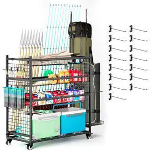 Fishing Rod Storage With 15 Hooks For Garage, 45.2in Extra Large Fishing Pole Holder Gear Organizer Rack Up To 20 Rods, Tackle Box Reel Storage Cart Fishing Rod Storage With 15 Hooks For Garage, 45.2in Extra Large Fishing Pole Holder Gear Organizer Rack Up To 20 Rods, Tackle Box Reel Storage Cart