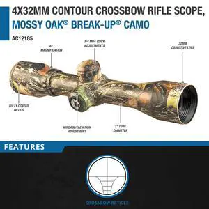 4x32mm Contour Crossbow Scope Multi-Point Aiming, 1-Inch Tube, Windage/Elevation Turrets, Long Eye Relief, Lightweight, Durable, for Crossbows, Deer Hunting, Target Practice 4x32mm Contour Crossbow Scope Multi-Point Aiming, 1-Inch Tube, Windage/Elevation Turrets, Long Eye Relief, Lightweight, Durable, for Crossbows, Deer Hunting, Target Practice