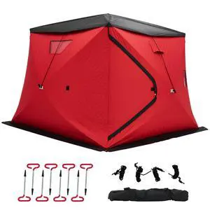 Insulated Pop-Up Ice Fishing Tent, 4-5 Person Ice Shanty with 3-Layer Oxford Fabric, Waterproof Rain Cover, Chimney Vent, Anchors, Ropes, Carry Bag, Insulated and Warm Large Fishing Area Insulated Pop-Up Ice Fishing Tent, 4-5 Person Ice Shanty with 3-Layer Oxford Fabric, Waterproof Rain Cover, Chimney Vent, Anchors, Ropes, Carry Bag, Insulated and Warm Large Fishing Area