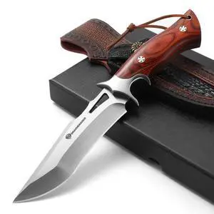 10.24" M390 Knives Hunting Knife Fixed Blade with Leather Sheath, Bushcraft Full Tang Knife Non-slip Red Coloured Wooden Handle 10.24" M390 Knives Hunting Knife Fixed Blade with Leather Sheath, Bushcraft Full Tang Knife Non-slip Red Coloured Wooden Handle
