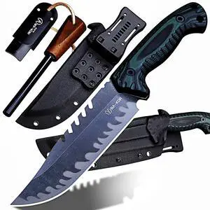 12.4in Full Tang Fixed Blade Hunting Knife 6mm 9CR18MoV Steel, G10 Handle, Stonewashed Sawback Blade with Kydex Sheath & Fire Starter for Outdoor, Camping, Survival (Green and black stripes) 12.4in Full Tang Fixed Blade Hunting Knife 6mm 9CR18MoV Steel, G10 Handle, Stonewashed Sawback Blade with Kydex Sheath & Fire Starter for Outdoor, Camping, Survival (Green and black stripes)