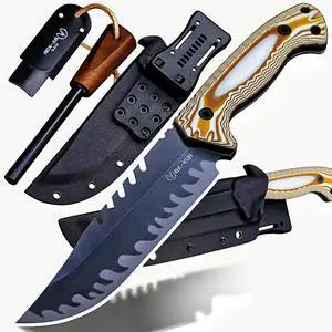 12.4in Full Tang Fixed Blade Hunting Knife 6mm 9CR18MoV Steel, G10 Handle, Stonewashed Sawback Blade with Kydex Sheath & Fire Starter for Outdoor, Camping, Survival (White and brown stripes) 12.4in Full Tang Fixed Blade Hunting Knife 6mm 9CR18MoV Steel, G10 Handle, Stonewashed Sawback Blade with Kydex Sheath & Fire Starter for Outdoor, Camping, Survival (White and brown stripes)