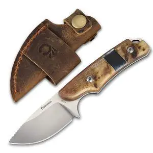 5.98" 440C Fixed Blade Knife, Ram Horn Handle with Leather Sheath | Full tang drop point blade, compact horizontal carry, leather sheath with belt loop & buckle for outdoor 5.98" 440C Fixed Blade Knife, Ram Horn Handle with Leather Sheath | Full tang drop point blade, compact horizontal carry, leather sheath with belt loop & buckle for outdoor