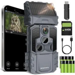 Solar WiFi Trail Camera with 7800mAh Built-in Battery, 48MP Game Camera for 24/7 Wildlife Security, 0.1s Trigger, IP66 Waterproof Wildlife Cameras with 8 AA Batteries & 64GB SD Card Solar WiFi Trail Camera with 7800mAh Built-in Battery, 48MP Game Camera for 24/7 Wildlife Security, 0.1s Trigger, IP66 Waterproof Wildlife Cameras with 8 AA Batteries & 64GB SD Card