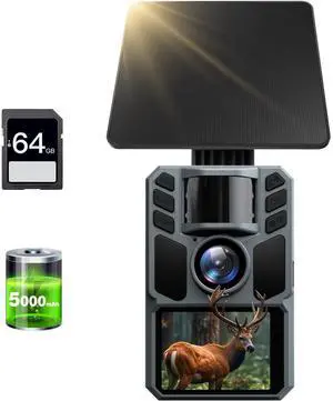 Trail Camera 4K 64MP with 5000mAh Rechargeable Battery 64GB Micro Memory Card IP67 Waterproof, Night Vision, Motion Activated, Solar Powered Wildlife Hunting Camera Outdoor Trail Camera 4K 64MP with 5000mAh Rechargeable Battery 64GB Micro Memory Card IP67 Waterproof, Night Vision, Motion Activated, Solar Powered Wildlife Hunting Camera Outdoor