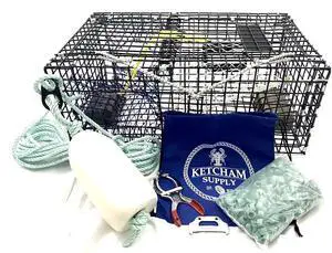 Lobster Trap with Rope, Buoy, Bait Bag, Claw Bander, Bands, Lobster Measuring Gauge and Weak Link Lobster Trap with Rope, Buoy, Bait Bag, Claw Bander, Bands, Lobster Measuring Gauge and Weak Link