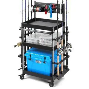 Mobile Tackle Station Pro 16 Fishing Rod Holder Cart w/Wheels, Adjustable Rack For Different Rod & Reel, 3-Level Fishing Gear Storage Pole Organizer For Garage Home Indoor Use, Black Mobile Tackle Station Pro 16 Fishing Rod Holder Cart w/Wheels, Adjustable Rack For Different Rod & Reel, 3-Level Fishing Gear Storage Pole Organizer For Garage Home Indoor Use, Black