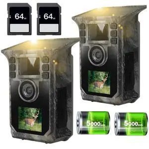 Trail Camera 2 Pack 4K 64MP Solar Game Camera with 5000mAh Forever Power, 64GB Memory Card and Ip67 Waterproof Angle Night Vision for Wildlife Deer Outdoor Trail Cam, Monitoring Trail Cameras Trail Camera 2 Pack 4K 64MP Solar Game Camera with 5000mAh Forever Power, 64GB Memory Card and Ip67 Waterproof Angle Night Vision for Wildlife Deer Outdoor Trail Cam, Monitoring Trail Cameras