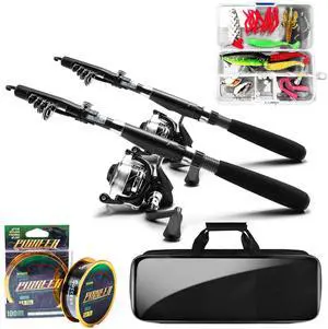 Fishing Pole and Reel Combo - 2PCS Carbon Fiber Telescopic Rods Spinning Reels Saltwater/Freshwater Kit with Lures, Line and Carrier Bag, Travel Fishing Gear for Adults Fishing Pole and Reel Combo - 2PCS Carbon Fiber Telescopic Rods Spinning Reels Saltwater/Freshwater Kit with Lures, Line and Carrier Bag, Travel Fishing Gear for Adults