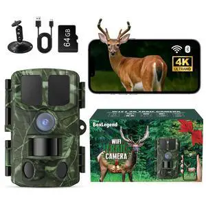 Trail Camera WiFi 4K 48MP with 64GB Memory Card Game Cameras with Night Vision Motion Activated Waterproof Trigger Speed Wide Angle for Outdoor and Backyard Trail Camera WiFi 4K 48MP with 64GB Memory Card Game Cameras with Night Vision Motion Activated Waterproof Trigger Speed Wide Angle for Outdoor and Backyard