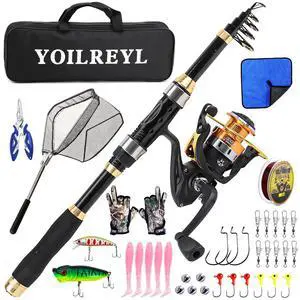 Yoilrey Fishing Rod and Reel Combo 5.9ft Telescopic Fishing Pole Starter Kit with Spinning Reel, Fishing Line, Lure Box & Tackle Bag for Travel Yoilrey Fishing Rod and Reel Combo 5.9ft Telescopic Fishing Pole Starter Kit with Spinning Reel, Fishing Line, Lure Box & Tackle Bag for Travel