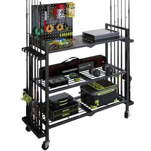 Fishing Rod Holders for Garage, Fishing Rod Stand with Wheels and Pegboard, 3-Tier Pole Storage Rack with 8 Hooks and 12 Rod Slots, Ideal for Tackle, Backpacks, and Gear Fishing Rod Holders for Garage, Fishing Rod Stand with Wheels and Pegboard, 3-Tier Pole Storage Rack with 8 Hooks and 12 Rod Slots, Ideal for Tackle, Backpacks, and Gear