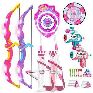 2 Pack Bow and Arrow Toy with LED Light - 4 in 1 Archery & Dart Game Set with 20 Suction Cup Arrows, Mermaid Glow Target & Dart Board - Indoor/Outdoor Birthday Gift for Kids Boys Girls Ages 5-12 2 Pack Bow and Arrow Toy with LED Light - 4 in 1 Archery & Dart Game Set with 20 Suction Cup Arrows, Mermaid Glow Target & Dart Board - Indoor/Outdoor Birthday Gift for Kids Boys Girls Ages 5-12