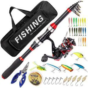 I00000 Fishing Rod and Reel Combos with Fiberglass Telescopic Fishing Pole - Spinning Reel Fishing Carrier Bag, Freshwater and Saltwater Fishing Rod Kit,Travel Fishing Kit for Bass Trout I00000 Fishing Rod and Reel Combos with Fiberglass Telescopic Fishing Pole - Spinning Reel Fishing Carrier Bag, Freshwater and Saltwater Fishing Rod Kit,Travel Fishing Kit for Bass Trout