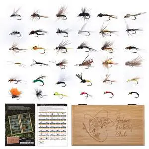 Fly Fishing Flies Kit, 54pcs Dry Wet Flies Streamers Nymphs with Wooden Fly Box, Bass Trout Steelhead Salmon Lures Set Assortment Kit, Gifts for Men Fly Fishing Flies Kit, 54pcs Dry Wet Flies Streamers Nymphs with Wooden Fly Box, Bass Trout Steelhead Salmon Lures Set Assortment Kit, Gifts for Men