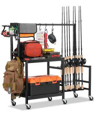 Fishing Rod Holders for Garage, Fishing Pole Rack Holds Up to 16 Rods with Hooks, Heavy Duty Rolling Fishing Cart with Wheels, Fishing Equipment Storage for Man's Gift (Black) Fishing Rod Holders for Garage, Fishing Pole Rack Holds Up to 16 Rods with Hooks, Heavy Duty Rolling Fishing Cart with Wheels, Fishing Equipment Storage for Man's Gift (Black)