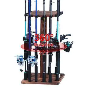 360° Rotating Fishing Rod Holder, Natural Wooden Fishing Pole Rack Stores 16 Rods, Floor-Standing Fishing Rod Storage Organizer with Rounded Clips for Garage, Basement, or Shed, Easy to Install 360° Rotating Fishing Rod Holder, Natural Wooden Fishing Pole Rack Stores 16 Rods, Floor-Standing Fishing Rod Storage Organizer with Rounded Clips for Garage, Basement, or Shed, Easy to Install