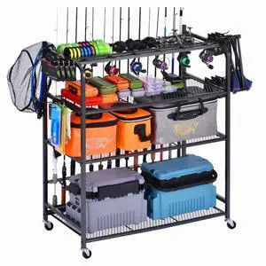 Fishing Rod Holder for Garage, Fishing Pole Holders for 15 Rods 38 * 17", Fishing Rod Rack Basement, Fishing Pole Rack Metal Black with Big Wheels, 4-Tier Fishing Rod Holder for Garage, Fishing Pole Holders for 15 Rods 38 * 17", Fishing Rod Rack Basement, Fishing Pole Rack Metal Black with Big Wheels, 4-Tier