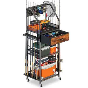 Fishing Rod Holder Organizer with Fabric Drawer & Pegboard, Space-Saving Garage Storage for 12 Rods, Reels, Tackle Boxes, Portable Fishing Gear Cart for Easy Access & Mobility Fishing Rod Holder Organizer with Fabric Drawer & Pegboard, Space-Saving Garage Storage for 12 Rods, Reels, Tackle Boxes, Portable Fishing Gear Cart for Easy Access & Mobility