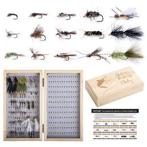 Fly Fishing Flies Kit, 54pcs Dry Wet Flies Streamers Nymphs with Wooden Fly Box, Bass Trout Steelhead Salmon Lures Set Assortment Kit, Gifts for Men Fly Fishing Flies Kit, 54pcs Dry Wet Flies Streamers Nymphs with Wooden Fly Box, Bass Trout Steelhead Salmon Lures Set Assortment Kit, Gifts for Men