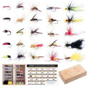 Fly Fishing Flies Kit, 54pcs Dry Wet Flies Streamers Nymphs with Wooden Fly Box, Bass Trout Steelhead Salmon Lures Set Assortment Kit, Gifts for Men Fly Fishing Flies Kit, 54pcs Dry Wet Flies Streamers Nymphs with Wooden Fly Box, Bass Trout Steelhead Salmon Lures Set Assortment Kit, Gifts for Men