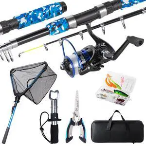 Fishing Rod and Reel Combo with Fishing Net, 6.9ft Telescopic Fishing Pole Kit with Fishing Pliers, Lip Gripper, Fishing Lures,Pre-Loaded Spinning Reel Combo Fishing Rod and Reel Combo with Fishing Net, 6.9ft Telescopic Fishing Pole Kit with Fishing Pliers, Lip Gripper, Fishing Lures,Pre-Loaded Spinning Reel Combo