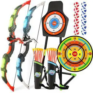 2 Pack Bow and Arrow Set with 29in Large Dart Board, LED Light Up Archery Set for Kids with 20 Suction Cup Arrows&12 Sticky Balls Standing Target Indoor Outdoor Toys Must Have for Boys Girls 3-12 yo 2 Pack Bow and Arrow Set with 29in Large Dart Board, LED Light Up Archery Set for Kids with 20 Suction Cup Arrows&12 Sticky Balls Standing Target Indoor Outdoor Toys Must Have for Boys Girls 3-12 yo