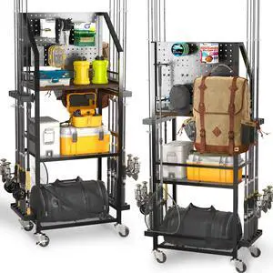 Fishing Rod Holders for Garage with Pegboard and Lockable Wheels, 3-Tier Fishing Pole Rack with 10 Hooks, Fishing Gear Tackle Box Organizer Up to 12 Rods, Rolling Fishing Storage Cart Fishing Rod Holders for Garage with Pegboard and Lockable Wheels, 3-Tier Fishing Pole Rack with 10 Hooks, Fishing Gear Tackle Box Organizer Up to 12 Rods, Rolling Fishing Storage Cart