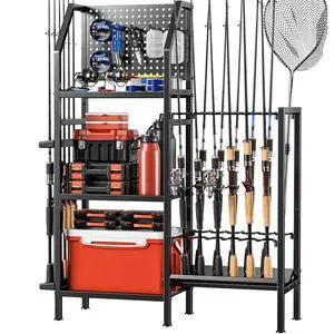Fishing Rod Holders for Garage,Fishing Rod Rack Storage up to 18 Rods,3 Tier Adjust Heavy Duty Metal Fish Pole Stand Organizer with Pegboard for Fishing Gear and Equipment Accessories Fishing Rod Holders for Garage,Fishing Rod Rack Storage up to 18 Rods,3 Tier Adjust Heavy Duty Metal Fish Pole Stand Organizer with Pegboard for Fishing Gear and Equipment Accessories