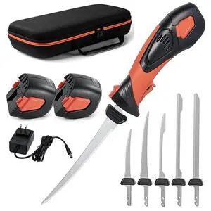 Cordless Electric Fillet Knife - 5 Ti-Nitride Coated Non-Stick Blades, Ergonomic Non-Slip Grip Handle & Cooling Vent Stylish with Carry Bag,Perfect Electric Knife for Effortless Fishing (Orange) Cordless Electric Fillet Knife - 5 Ti-Nitride Coated Non-Stick Blades, Ergonomic Non-Slip Grip Handle & Cooling Vent Stylish with Carry Bag,Perfect Electric Knife for Effortless Fishing (Orange)