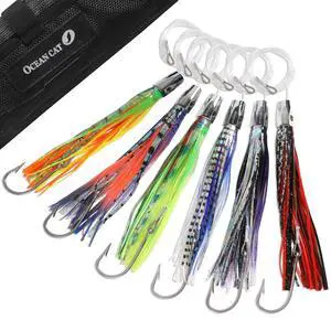 Saltwater Trolling Lures Set, Offshore Fishing Lure Rigged Circle Hook & 6 in/9 in Hoochie Octopus/Squid Skirts for Catching Mahi, Tuna, Wahoo and Big Game Fishes Saltwater Trolling Lures Set, Offshore Fishing Lure Rigged Circle Hook & 6 in/9 in Hoochie Octopus/Squid Skirts for Catching Mahi, Tuna, Wahoo and Big Game Fishes