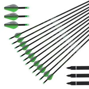 32 Inch Carbon Arrows for Compound Recurve Bow | 32 inch spine 300 350 400 carbon shaft, removable screw in tips, 12 arrows for archery hunting target shooting practice 32 Inch Carbon Arrows for Compound Recurve Bow | 32 inch spine 300 350 400 carbon shaft, removable screw in tips, 12 arrows for archery hunting target shooting practice
