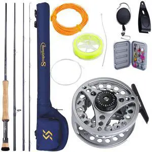 5/6 Weight 9ft Fly Rod, 4-Piece Graphite Rod, Die Cast Aluminum Reel, Carrying Case, Fly Box & Fishing Flies Combo Starter Kit 5/6 Weight 9ft Fly Rod, 4-Piece Graphite Rod, Die Cast Aluminum Reel, Carrying Case, Fly Box & Fishing Flies Combo Starter Kit