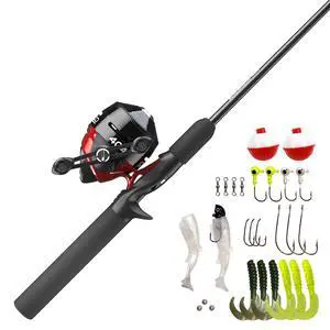 404 Spincast Reel and Fishing Rod Combo, 5'6" 2-Piece Durable Fiberglass Rod with EVA Handle, Quickset Anti-Reverse Reel with Built-in Bite Alert, 28-Piece Tackle Pack,Black/Red 404 Spincast Reel and Fishing Rod Combo, 5'6" 2-Piece Durable Fiberglass Rod with EVA Handle, Quickset Anti-Reverse Reel with Built-in Bite Alert, 28-Piece Tackle Pack,Black/Red
