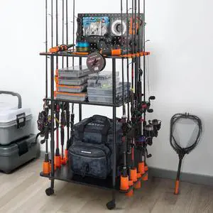 Gear Trolley V12, Indoor Fishing Rod Holder for 12 Combos, 3-Tier Fishing Accessory Shelves With Peg Wall, Patented Built-in Line Spooler, Mobile Tackle Storage Cart With Locking Wheels Gear Trolley V12, Indoor Fishing Rod Holder for 12 Combos, 3-Tier Fishing Accessory Shelves With Peg Wall, Patented Built-in Line Spooler, Mobile Tackle Storage Cart With Locking Wheels