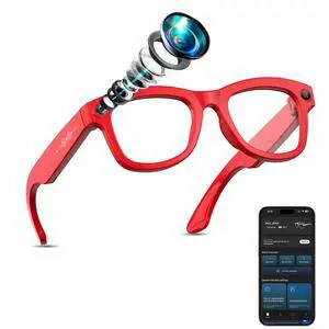 AI Smart Glasses with Camera Stabilization - 8MP POV Video Recording, Real-Time AI Translation, Smart Assistant, Dual-Mic Noise Canceling for Travel & Meetings - Anti-Blue Light, Red Frame AI Smart Glasses with Camera Stabilization - 8MP POV Video Recording, Real-Time AI Translation, Smart Assistant, Dual-Mic Noise Canceling for Travel & Meetings - Anti-Blue Light, Red Frame