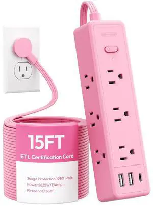 Pink Power Strip, Power Strip Flat Extension Cord 15FT, 9 Outlets 3 USB Ports(1 USB C), Wall Mount, Multiple Outlets for Home, Dorm, Vanity Desk, Nightstand,Women Pink Power Strip, Power Strip Flat Extension Cord 15FT, 9 Outlets 3 USB Ports(1 USB C), Wall Mount, Multiple Outlets for Home, Dorm, Vanity Desk, Nightstand,Women