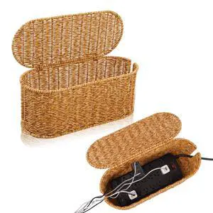 Cable Management Box, Handmade Rattan Cable Organizer, 2 Open Slots Cords Hider Box, Under Desk Cord Organizer for Computer Router USB Hub & Power Strip, 15.9" x 6.5" x 6.5", Natural Cable Management Box, Handmade Rattan Cable Organizer, 2 Open Slots Cords Hider Box, Under Desk Cord Organizer for Computer Router USB Hub & Power Strip, 15.9" x 6.5" x 6.5", Natural