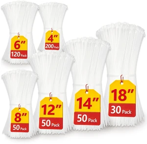 White Zip Ties Assorted Sizes(4+6+8+12+14+18), 500 Pack, Clear Zip Ties, White Cable Ties, Wire Ties, Zipties Clear White Zip Ties Assorted Sizes(4+6+8+12+14+18), 500 Pack, Clear Zip Ties, White Cable Ties, Wire Ties, Zipties Clear