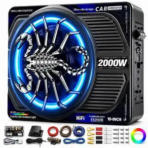 2000W 10 Inch Underseat Car Subwoofer and Amp Package, Slim Powered Under Seat Sub with Built-in Class D Amp, RGB Beat-Synced Light, Low Pass Filter, Bass Boost for Truck SUV 2000W 10 Inch Underseat Car Subwoofer and Amp Package, Slim Powered Under Seat Sub with Built-in Class D Amp, RGB Beat-Synced Light, Low Pass Filter, Bass Boost for Truck SUV