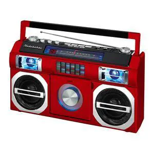 SB2145R 80's Retro Street Bluetooth Boombox with FM Radio, CD Player, LED EQ, 10 Watts RMS Power and AC/DC in Red SB2145R 80's Retro Street Bluetooth Boombox with FM Radio, CD Player, LED EQ, 10 Watts RMS Power and AC/DC in Red