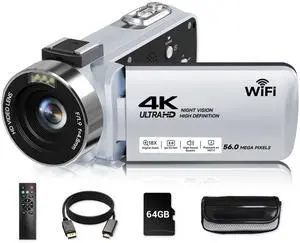 Video Camera, 4K Camcorder 56MP Digital Video Recorder 18X Zoom 3" 270° Rotation Touchscreen IR Night Vision, Wifi Vlogging Camera for YouTube 64GB Card Anti-Shake Remote Control Camera Bag Lens Cap Video Camera, 4K Camcorder 56MP Digital Video Recorder 18X Zoom 3" 270° Rotation Touchscreen IR Night Vision, Wifi Vlogging Camera for YouTube 64GB Card Anti-Shake Remote Control Camera Bag Lens Cap