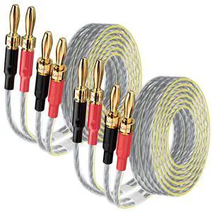2 Pack 16/2 Speaker Flat Wire Cable with Banana Tip Plugs 10 FT, 16 Gauge AWG Wire, Tinned OFC Copper, Transparent Jacket with Yellow Polarity Marker, for Indoor & Outdoor, Hi-Fi 2 Pack 16/2 Speaker Flat Wire Cable with Banana Tip Plugs 10 FT, 16 Gauge AWG Wire, Tinned OFC Copper, Transparent Jacket with Yellow Polarity Marker, for Indoor & Outdoor, Hi-Fi
