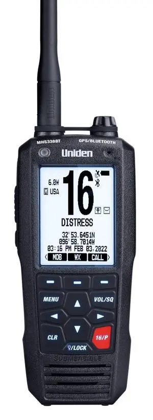MHS338BT Floating, Handheld Marine VHF Radio, 6-Watts, GPS and Bluetooth, Submersible IPX8, Emergency Strobe & Flashlight, NOAA Weather Alerts, FM Radio, Chargeing Cradle & Li-ion Battery MHS338BT Floating, Handheld Marine VHF Radio, 6-Watts, GPS and Bluetooth, Submersible IPX8, Emergency Strobe & Flashlight, NOAA Weather Alerts, FM Radio, Chargeing Cradle & Li-ion Battery