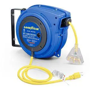 Extension Cord Reels (12AWG x 40 FT (SJTOW Cable) w/LED Light-Up Tap) | Retractable extension cord reel delivers 15A/125V power through 12AWG SJTOW cord; LED triple tap improves visibility Extension Cord Reels (12AWG x 40 FT (SJTOW Cable) w/LED Light-Up Tap) | Retractable extension cord reel delivers 15A/125V power through 12AWG SJTOW cord; LED triple tap improves visibility