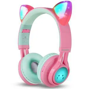 CT-7 Cat Ear Kids Bluetooth Headphones, LED Light Up Bluetooth Wireless Over Ear Headphones with Microphone and Volume Control for Travel/School/Smartphones/Laptop/PC/TV (Pink&Green) CT-7 Cat Ear Kids Bluetooth Headphones, LED Light Up Bluetooth Wireless Over Ear Headphones with Microphone and Volume Control for Travel/School/Smartphones/Laptop/PC/TV (Pink&Green)