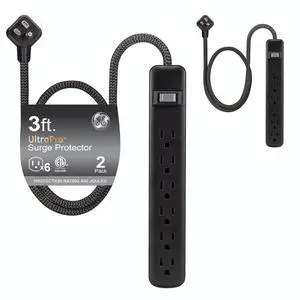 Sur Protector Power Strip, 2 Pack | 3 Ft Flat Plug Braided Extension Cord, 6 Outlet Extender, 450 Joules, Wall Mount, ETL Safety Listed, Black, 74544 Sur Protector Power Strip, 2 Pack | 3 Ft Flat Plug Braided Extension Cord, 6 Outlet Extender, 450 Joules, Wall Mount, ETL Safety Listed, Black, 74544